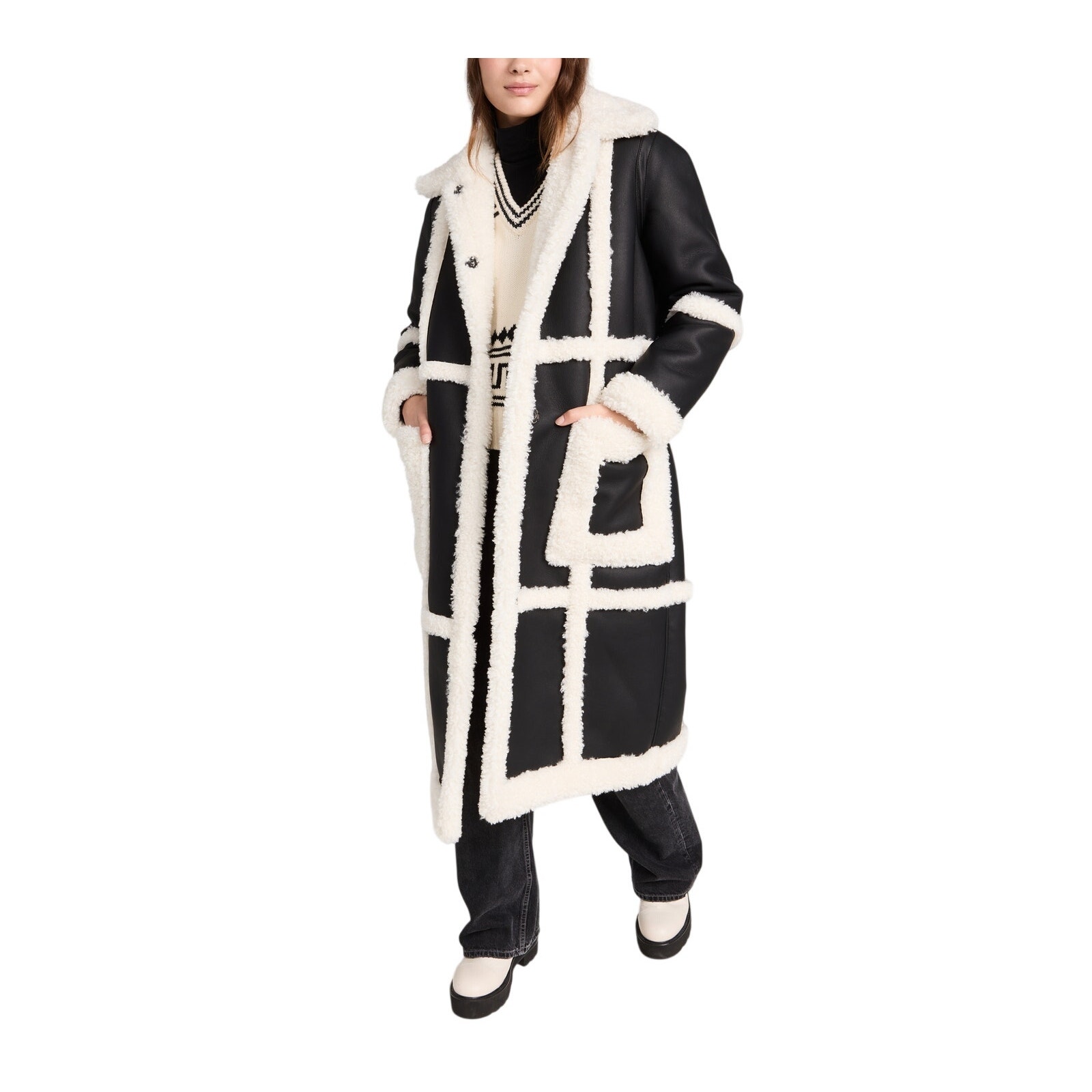 Stand Studio Faux Shearling Black And Off White Patrice Coat Size Eu 34 / Us 2
